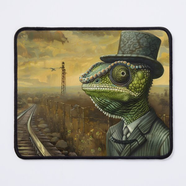 Item preview, Chameleon in suit with hat by railroad in fantasy land designed and sold by Artessie.
