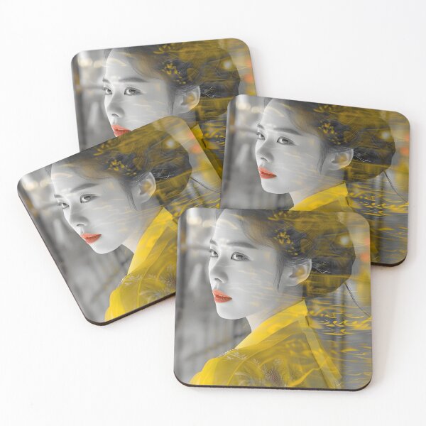 Item preview, Elegant portrait in yellow kimono with abstract overlay designed and sold by Artessie.