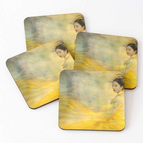 Item preview, Elegant woman in yellow dress amidst flowing colors designed and sold by Artessie.