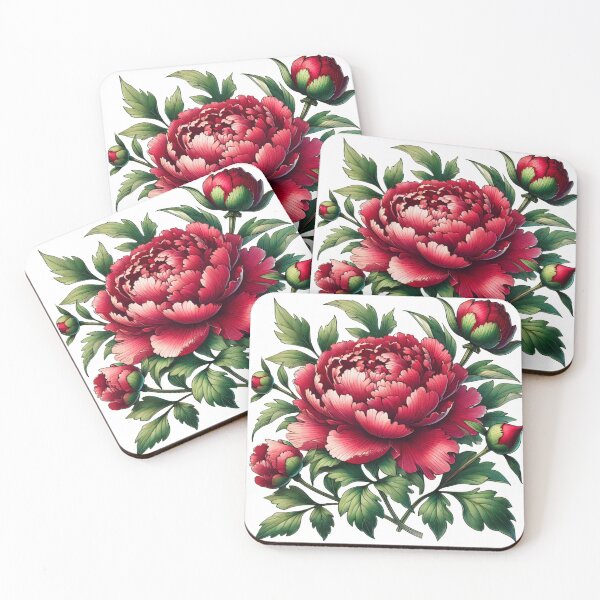 Item preview, Vibrant Red Peony Illustration with Detailed Green Leaves designed and sold by Negative Vibes Only.