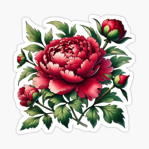 Item preview, Vibrant Red Peony Illustration with Detailed Green Leaves designed and sold by Negative Vibes Only.