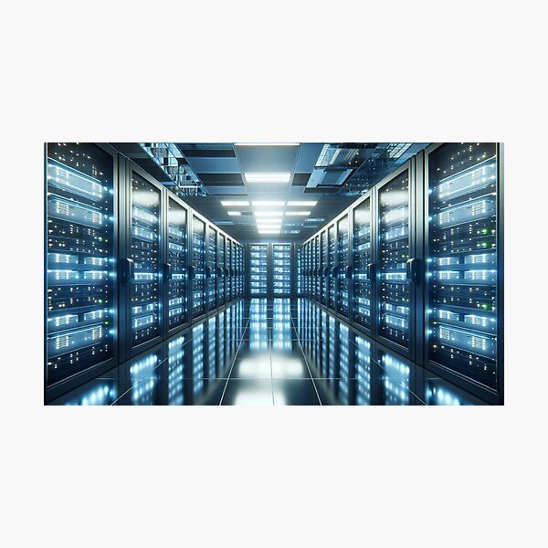 Item preview, Photorealistic Datacenter Server Room - Modern Technology Art Print designed and sold by designssamaya.