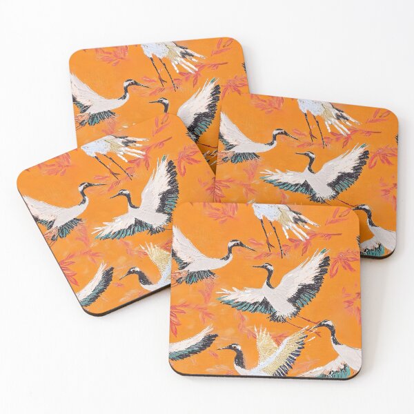Item preview, Chinoiserie cranes on orange background oil painting designed and sold by SophieClimaArt.