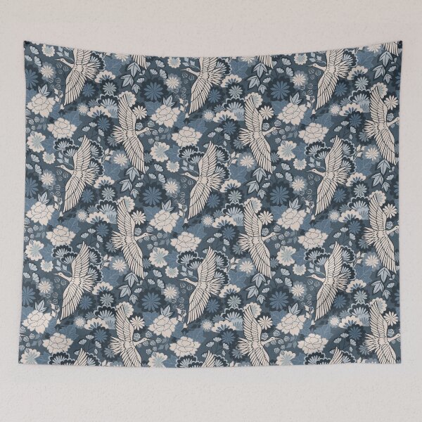 Item preview, Cranes and Chrysanthemums {Indigo}  designed and sold by Cecilia Mok.