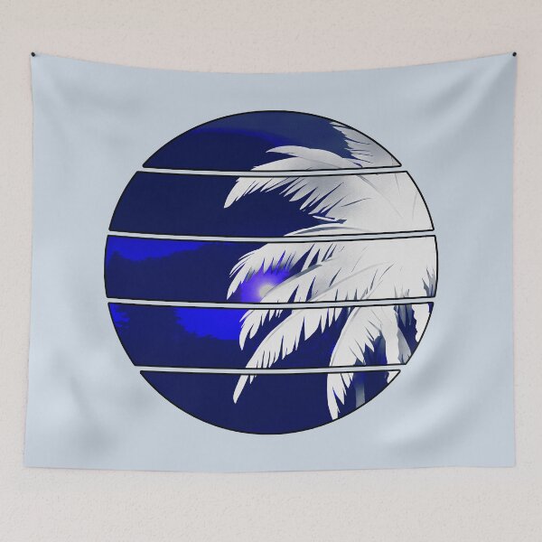 Item preview, Retro Moon Retro Palm Tree Fronds AI Art - Blue and White with black edge designed and sold by Beachy.