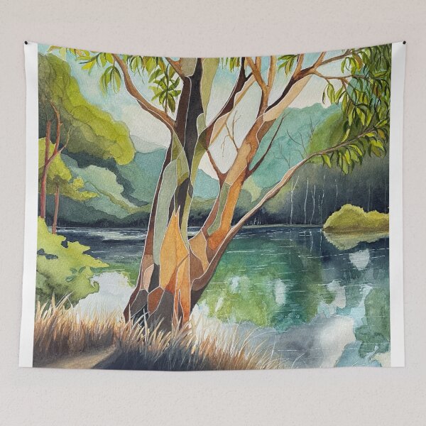 Item preview, Abstract watercolour of a gum tree in pretty river setting designed and sold by SueNiqueArt.