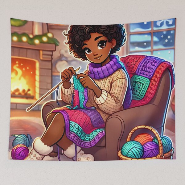 Item preview, Caribbean girl crocheting by the fireplace designed and sold by NolineXpression.