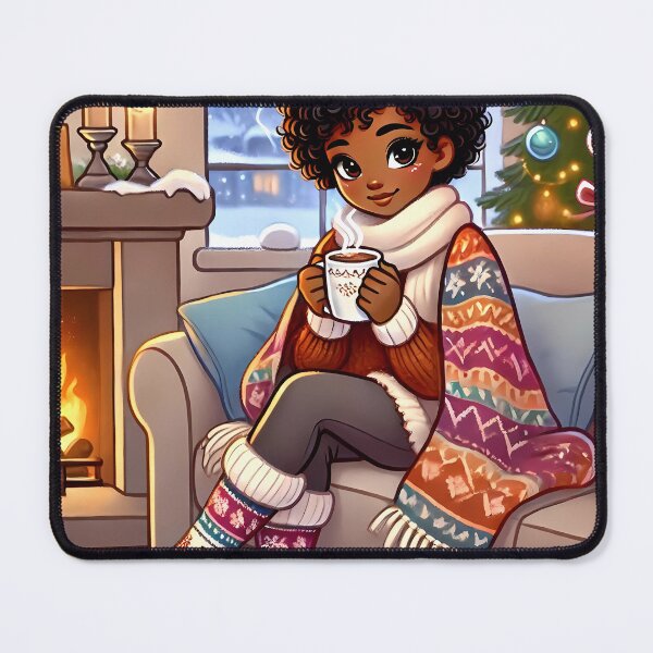 Item preview, Chica caribeña disfrutando de chocolate caliente junto a la chimenea designed and sold by NolineXpression.