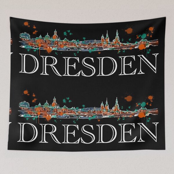 Item preview, Dresden skyline as white sketch on dark background, hand drawn watercolor drawing, Germany cityscape, unique design for lovers of Dresden and artistic skylines designed and sold by Nadja Leutloff.