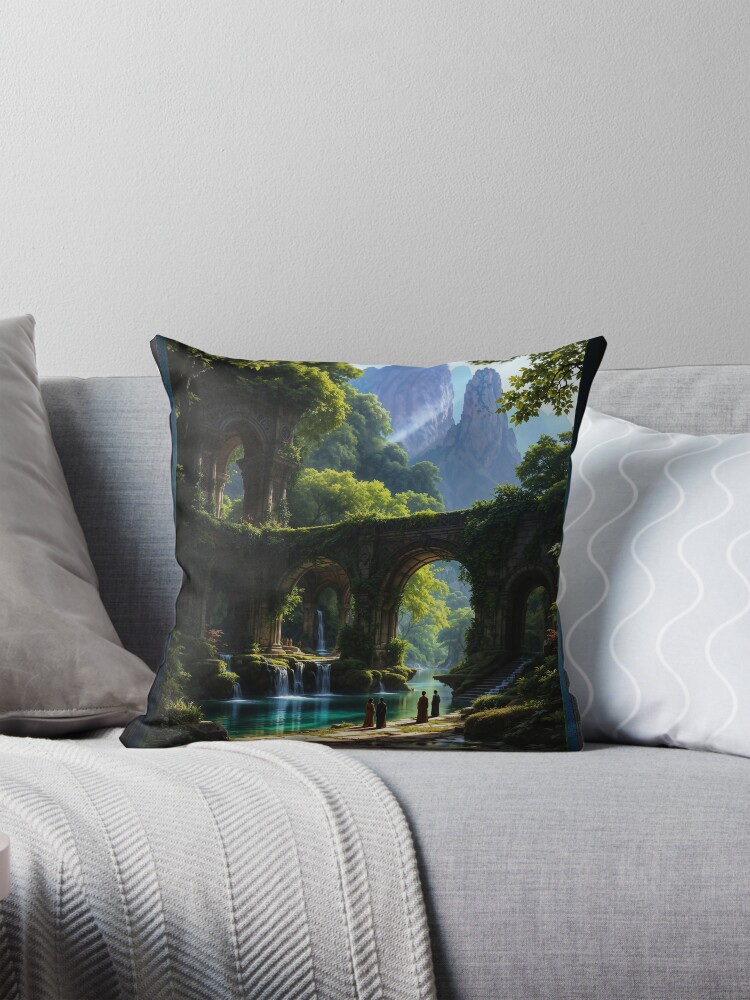Ancient Forest Sanctuary With Majestic Stone Arches Over Pristine Waters AI Concept Art by Xzendor7 | A Beautiful Landscape 4 Ancient Forest Sanctuary With Majestic Stone Arches Over Pristine Waters Serene AI Concept Art by Xzendor7 Decorative Art Print Throw Pillow
