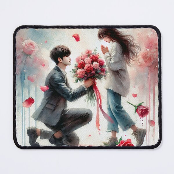 Item preview, A romantic couple surrounded by falling rose petals, the man proposing to the woman with a bouquet. designed and sold by PholPol1959.