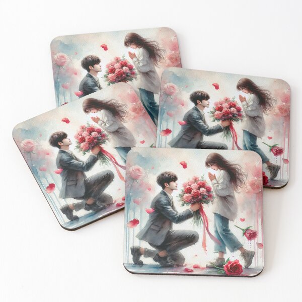 Item preview, A romantic couple surrounded by falling rose petals, the man proposing to the woman with a bouquet. designed and sold by PholPol1959.