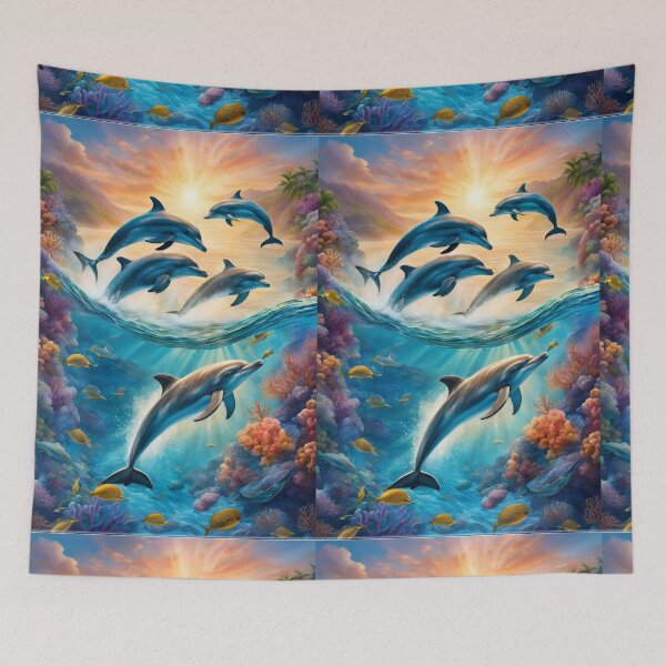 Item preview, Happy Dolphins Jumping Through Waves Over Vibrant Coral Reefs in Sunlit Ocean designed and sold by Jasava Shop.