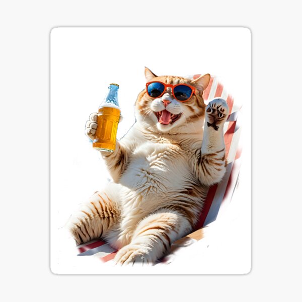 Aperçu de l'œuvre Chat allongé à la plage sur un transat avec une bouteille  créée et vendue par Dan9010.