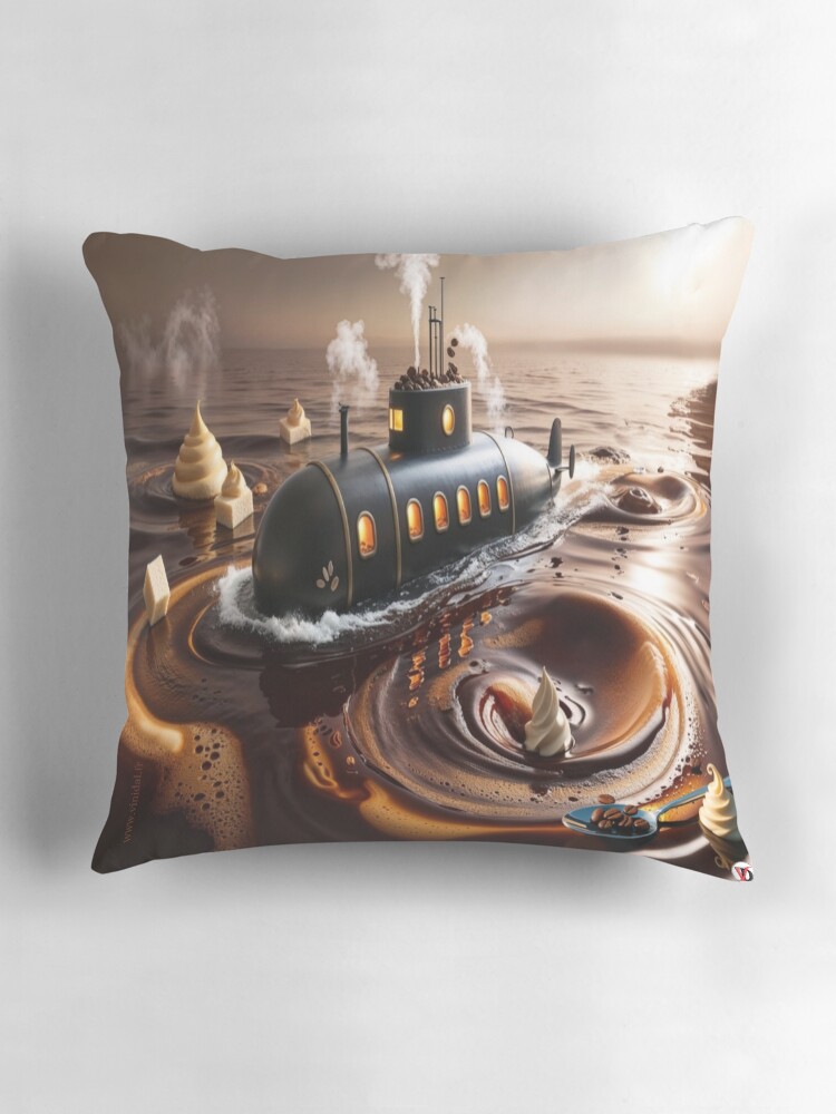 Aperçu 3 sur 4. Coussin avec l'œuvre SOUS-MARIN AU LAIT créée et vendue par Vinidal.