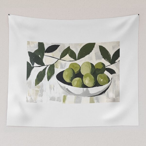 Item preview, Abstract Olive Elegance - Green Olives in a Rustic Bowl with Artistic Brushstrokes Digital AI Generated Art designed and sold by OlfactoART Studio.