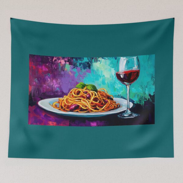 Item preview, Spaghetti Symphony - Basil Garnish and Red Wine in a Bold Colorful Scene designed and sold by OlfactoART Studio.