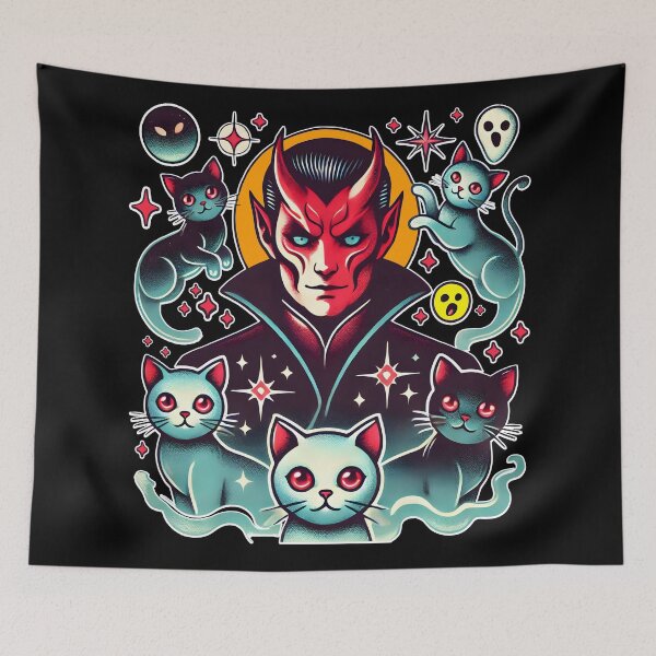 Item preview, Retro Devil with Cats Halloween Design designed and sold by DrawHandArt.