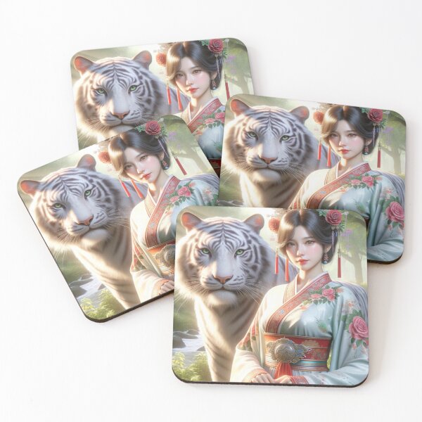 Item preview, Elegant Chinese Lady with White Tiger in Serene Forest. designed and sold by NangKittipong.
