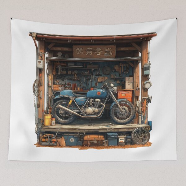 Item preview, "Vintage motorcycle in a workshop idyll" designed and sold by Kunst-Shirt.