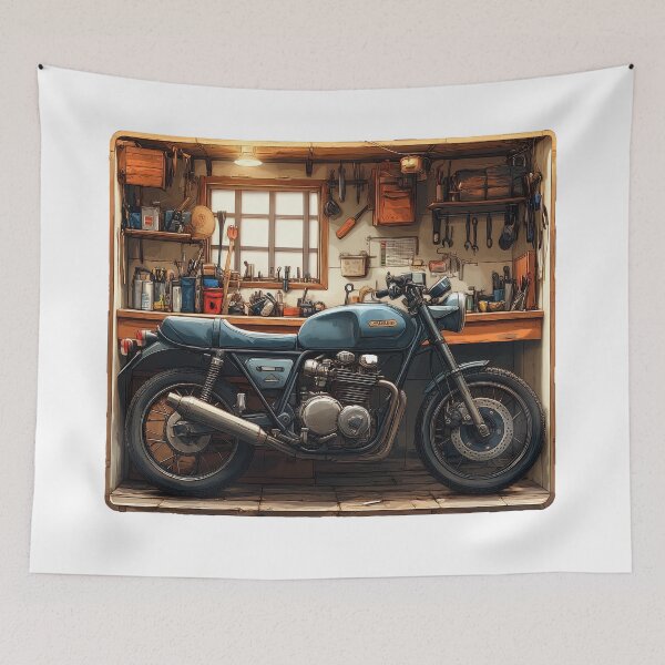 Item preview, "Classic motorcycle in a cozy workshop" designed and sold by Kunst-Shirt.