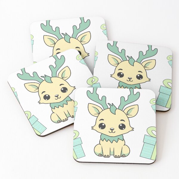 Item preview, Cute kawaii reindeer surrounded by Christmas gifts/ pastel shades of pink, celadon, azure, blue, yellow. designed and sold by My-fake-places.