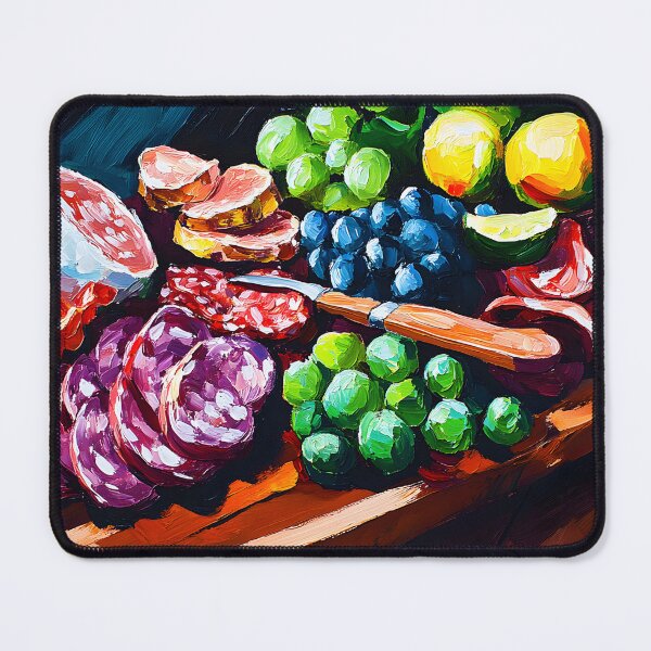 Item preview, Vibrant Charcuterie Delight - Cured Meats, Fresh Fruits, and Rustic Charm Abstract Digital AI Art designed and sold by OlfactoART Studio.