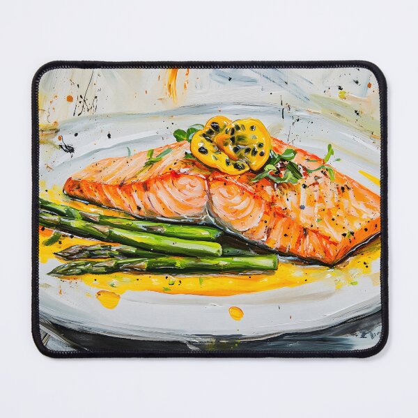 Item preview, Citrus-Infused Grilled Salmon with Charred Asparagus and Fresh Greens Abstract AI Generated Art designed and sold by OlfactoART Studio.