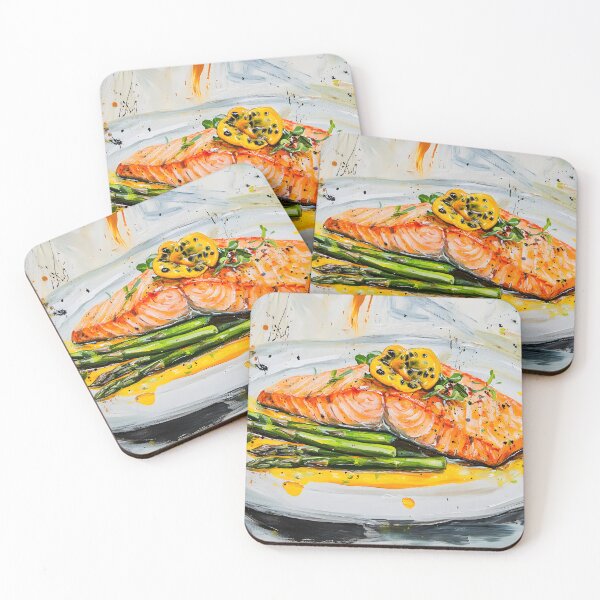 Item preview, Citrus-Infused Grilled Salmon with Charred Asparagus and Fresh Greens Abstract AI Generated Art designed and sold by OlfactoART Studio.