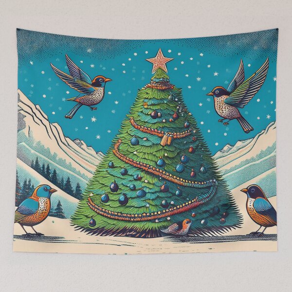 Item preview, Birds in front of a Christmas tree in a winter mountain landscape – Holiday gift idea designed and sold by Brakeless-Dsgn.