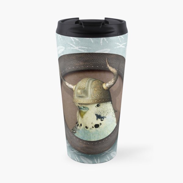 Blue Budgie in Viking Hat Travel Coffee Mug