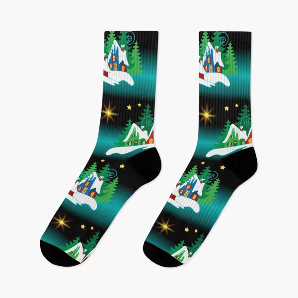 Item preview, Christmas Vintage Christmas House in Snow Stars at Night on Black  designed and sold by Sharon Schwalbe.