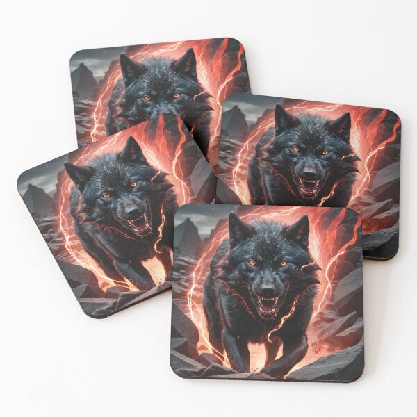 Item preview, Fierce Black Wolf in Fiery Mountain Landscape With Glowing Eyes designed and sold by RebelPaintBrush.