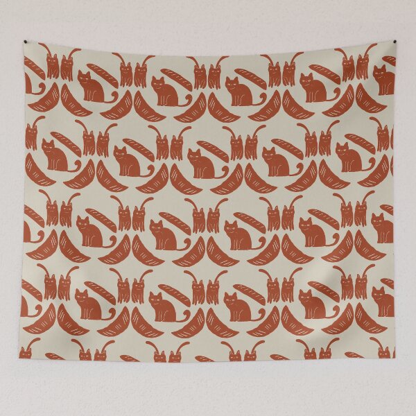 Item preview, Whimsical Retro Attitude Cats, Baguette Bread & Chinese Dumplings: Hand-Drawn Mid-Century Modern Vintage Block Print Pattern Red designed and sold by NgCherBelle.
