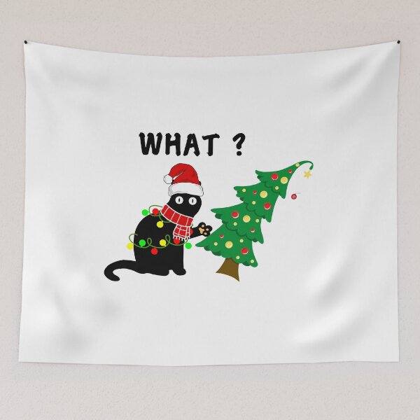 Item preview, Funny Black Cat Gift Pushing Christmas Tree Over Cat What? designed and sold by Luckyart5.