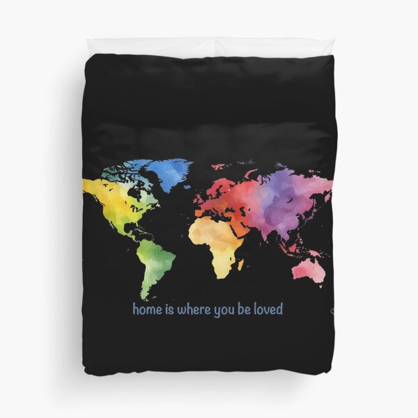 Vista previa del artículo con la obra «El hogar es donde te aman: mapa mundial del arcoíris», diseñado y vendido por MoodfullArtGang.
