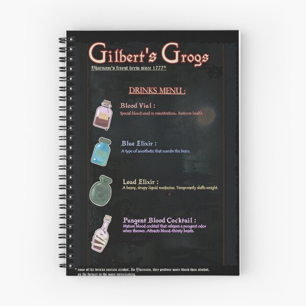 Item preview, " Gilbert's Grogs " drinks menu - Bloodborne parody designed and sold by KMi-fr.