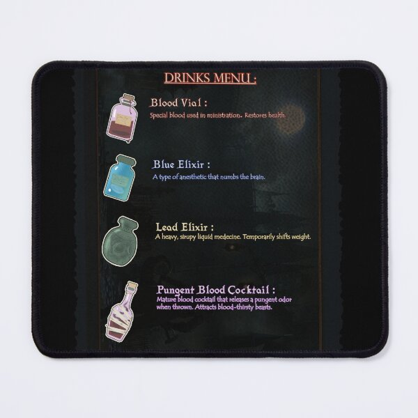 Item preview, " Gilbert's Grogs " drinks menu - Bloodborne parody designed and sold by KMi-fr.