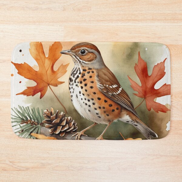 Item preview, Wood Thrush with Pinecones and Autumn Leaves designed and sold by WaterBirdArt.