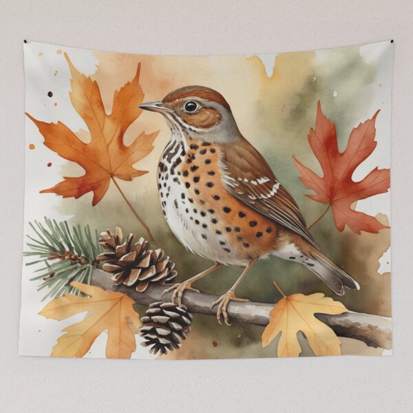 Aperçu de l'œuvre Grive des bois avec pommes de pin et feuilles d'automne créée et vendue par WaterBirdArt.