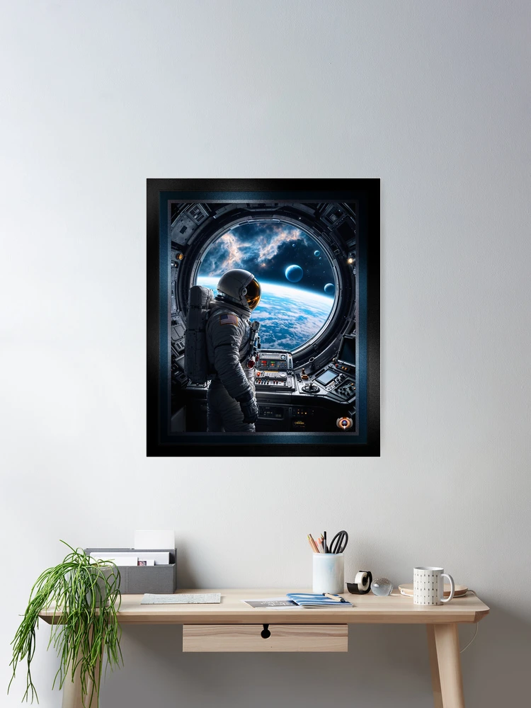 Astronaut Contemplates The Cosmos Through The Viewport Of A Space Buoy Astounding AI Concept Art by Xzendor7 Wall Decor Poster Art Print