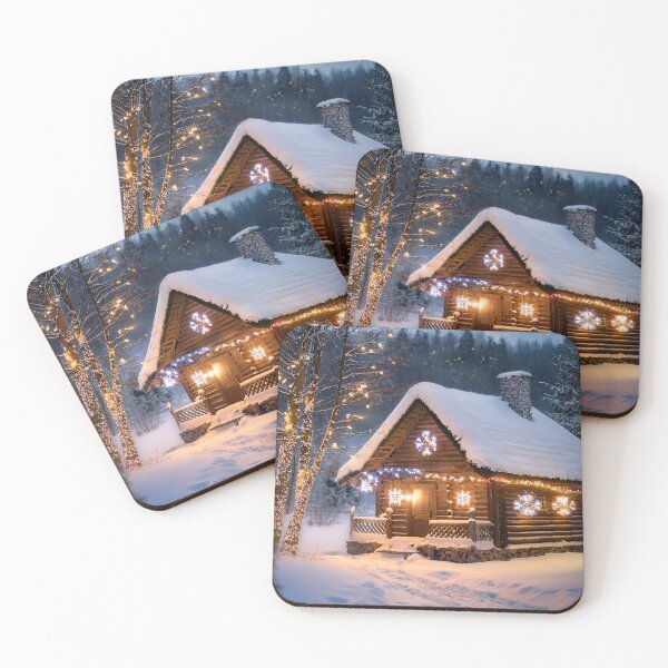 Item preview, A cozy log cabin nestled in a snowy winter wonderland, adorned with festive lights and a Christmas tree designed and sold by homydesign.