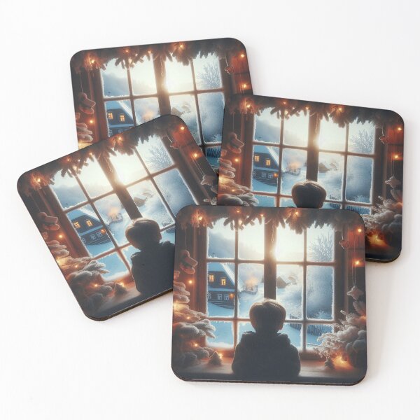 Item preview, Child silhouette gazing through frosted window at snowy winter village scene designed and sold by homydesign.