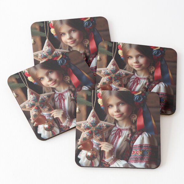 Item preview, Young girl in traditional Ukrainian embroidered dress holds decorative golden Christmas star ornament designed and sold by homydesign.