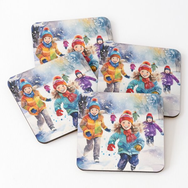 Item preview, Watercolor illustration of children playing in snow wearing colorful winter clothing designed and sold by homydesign.