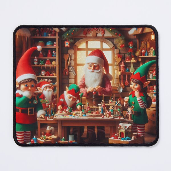 Item preview, Santa and elves in a festive workshop, crafting toys and decorations designed and sold by homydesign.