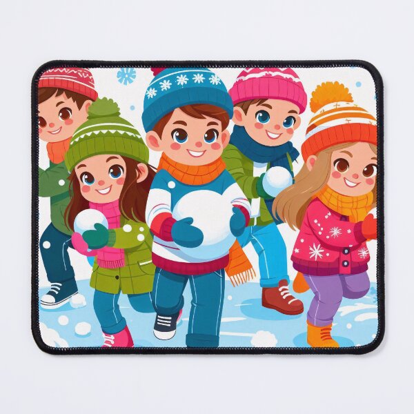 Item preview, Children playing in the snow, wearing colorful winter clothes and hats, holding snowballs designed and sold by homydesign.