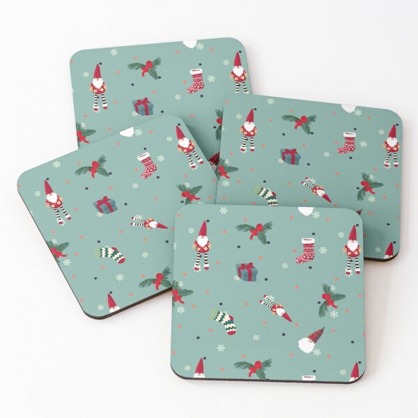 Item preview, Decorative Christmas stockings, gifts, Santa Claus and pine boughs on emerald green background with orange and black dots and snowflakes  designed and sold by by Mònica Roca.