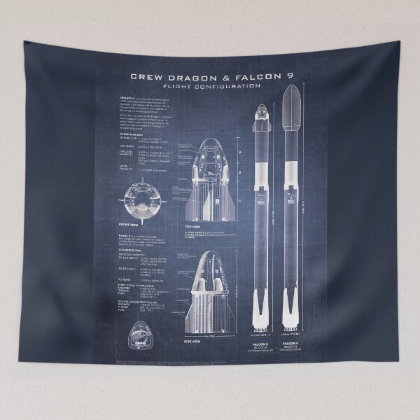 Item preview, Crew Dragon Spacecraft & Falcon 9 Rocket Blueprint in High Resolution (dark blue) designed and sold by RyansWorkshop.