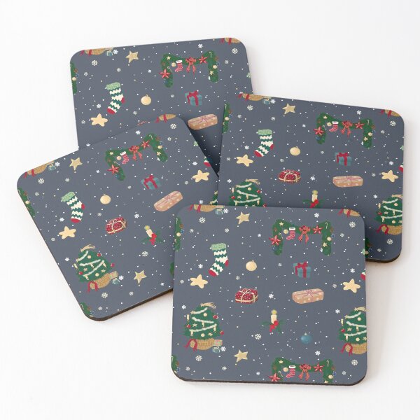 Item preview, Christmas tree and gifts in Christmas stockings on blue-gray background with snowflakes.  designed and sold by by Mònica Roca.